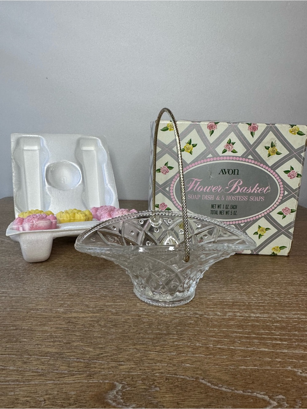 AVON Flower Basket Glass Dish with Gold Handle - Original
box.